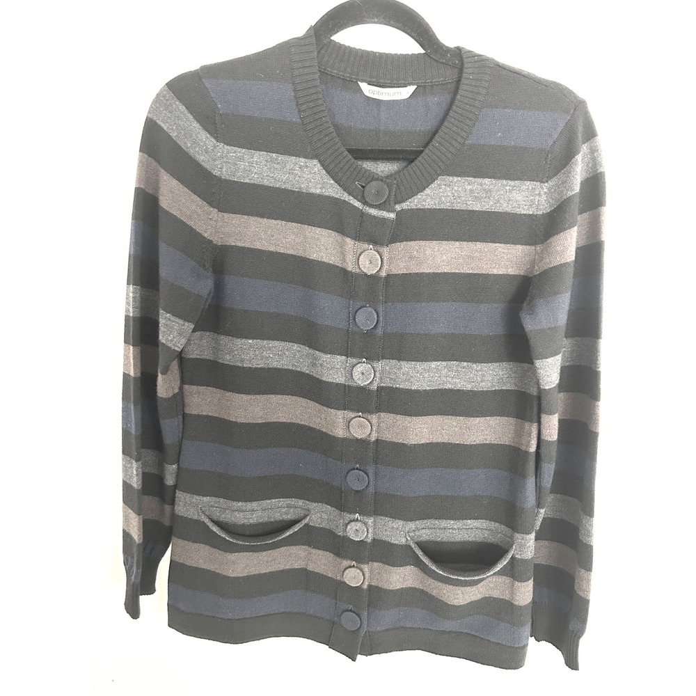 Optimum Merino Wool Striped Cardigan Sweater Womens Small Black Blue New Zealand
